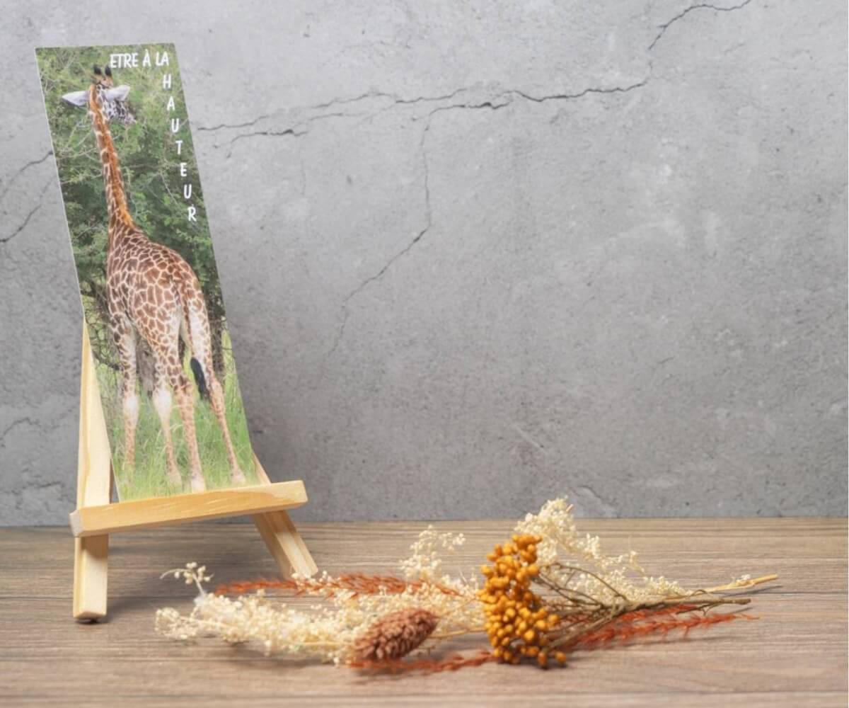 Marque-page représentant une girafe dans la savane africaine avec la citation « Être à la hauteur ».